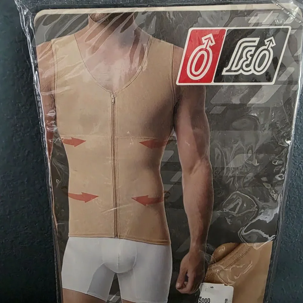 Men Slimming Body Shaper Full zip Vest Chest Compression Tank Top Underwear Sz M